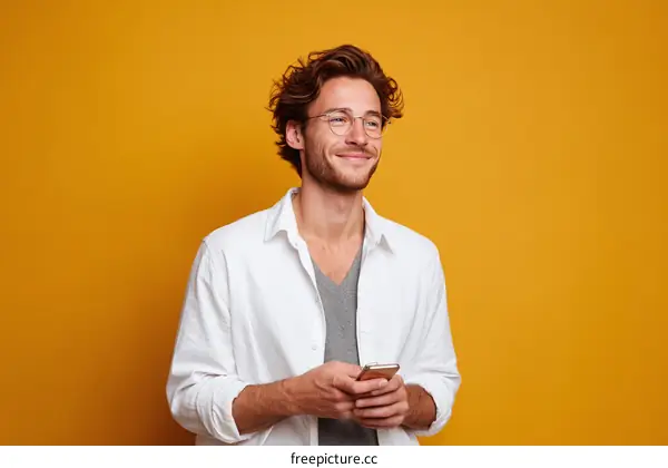 Smiling Caucasian Man Using Mobile Phone Against Orange Background
