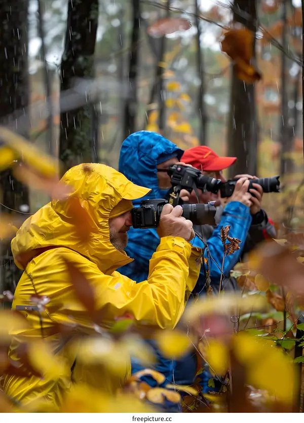 Three Photographers In The Forest During Rain