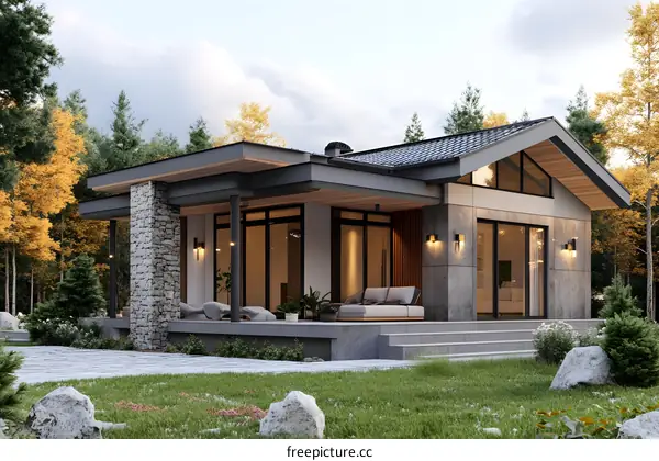 Modern House Design with Stone Wall and Large Windows