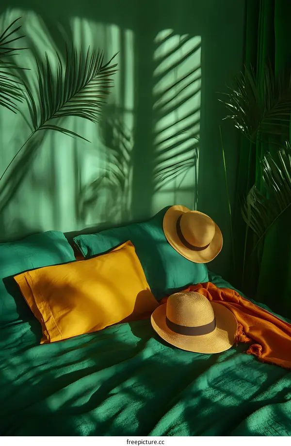 Green Bedding with Straw Hats and Palm Leaf Shadows