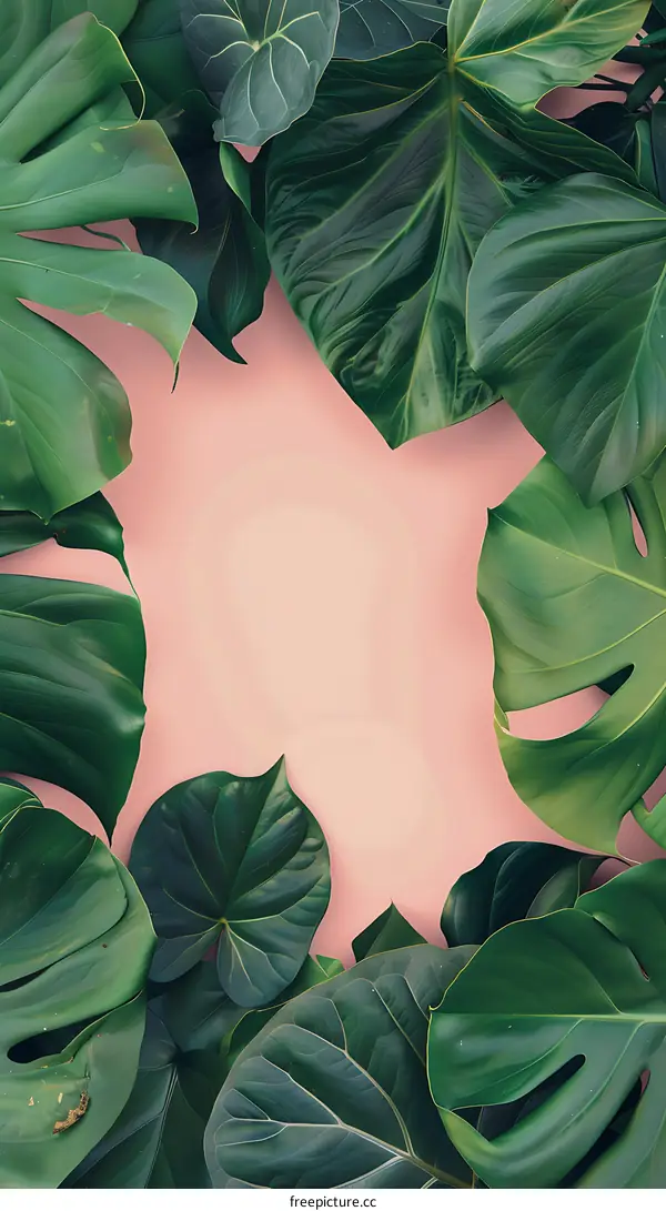 Green Leaves Border on Pink Background