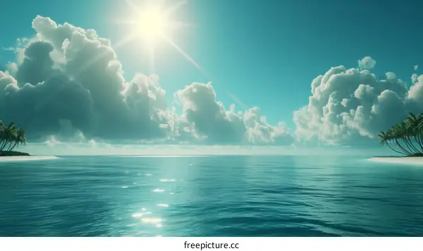 Two palm trees on a small tropical island in the middle of the ocean with white clouds and a bright sun above