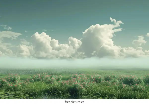 A Tranquil Green Meadow with Wildflowers and a Serene Sky