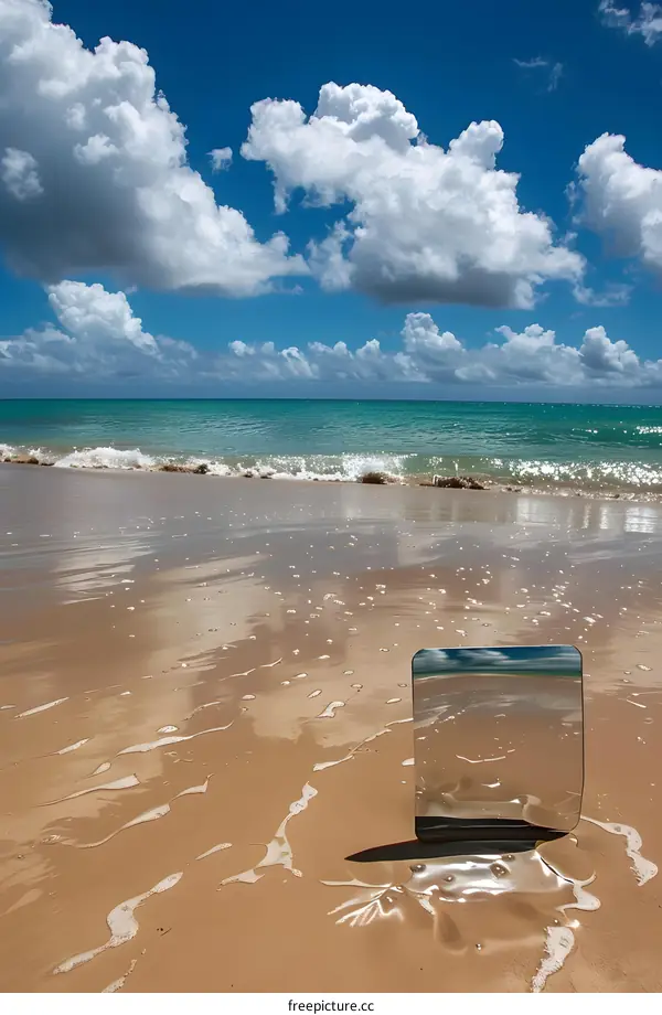 Mirror Reflection of Sky and Sea on Sandy Beach