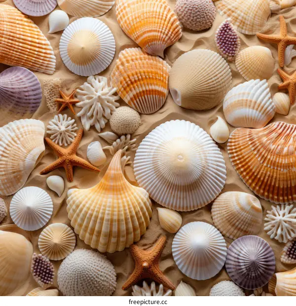 Stunning Shells and Starfish Adorn the Sandy Beach