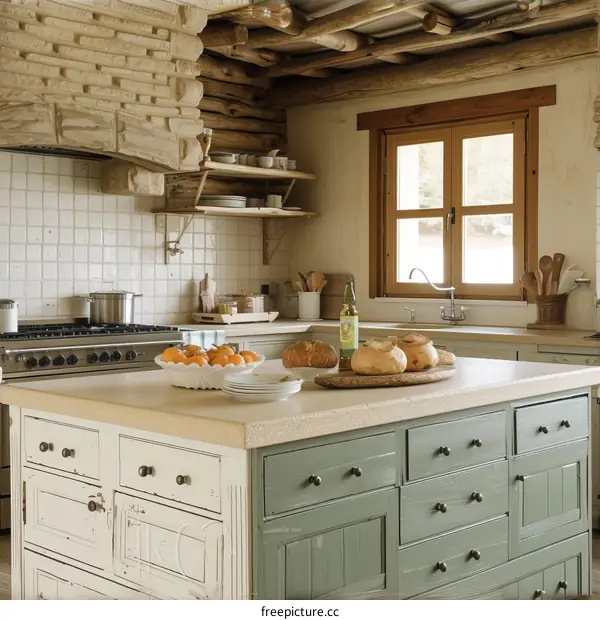 Rustic kitchen with a large island and a wood-beamed ceiling