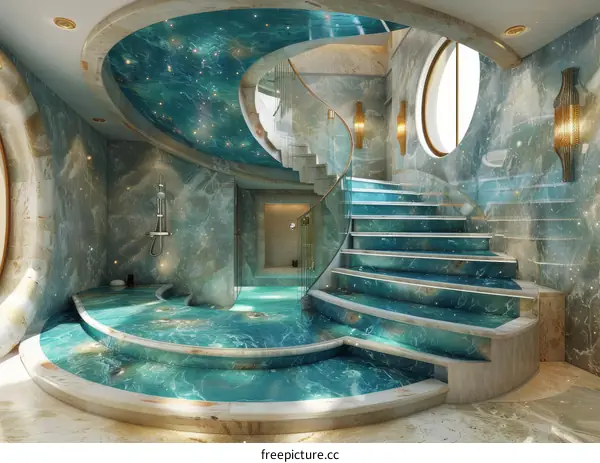Luxury Spiral Staircase with Turquoise Pool