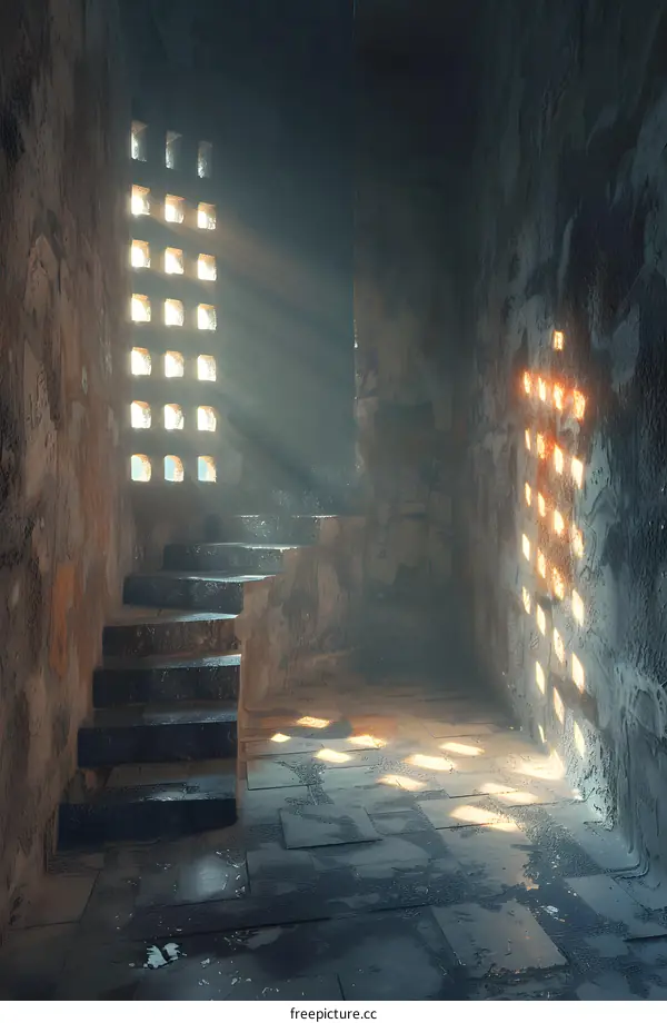 Stone Staircase With Sunbeams In A Dark Room