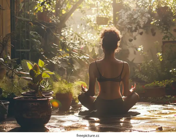 Curly Hair Woman Meditating in a Tropical Garden