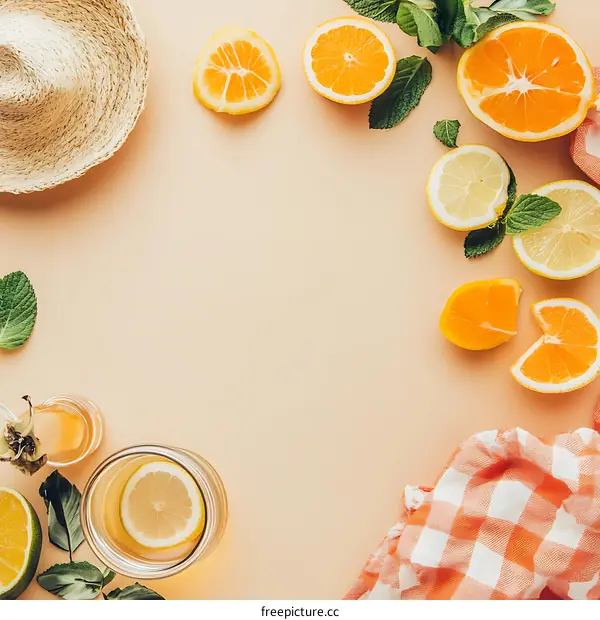Summer Citrus Fruit Flat Lay With Straw Hat and Lemonade