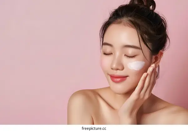 Asian Woman Applying Moisturizer Cream on Pink Background