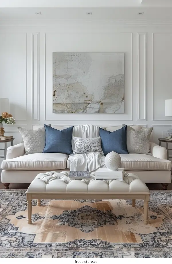 Elegant Living Room with White Sofa and Blue Accents