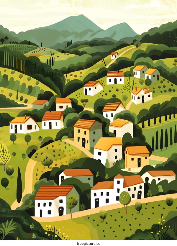 A Green Village Landscape With Houses and Mountains