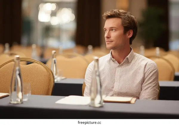 Man attending conference looking thoughtful and focused in room