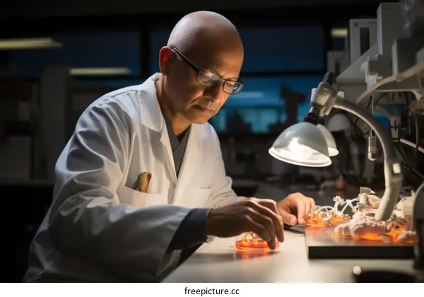 Bald Scientist Examining Petri Dishes