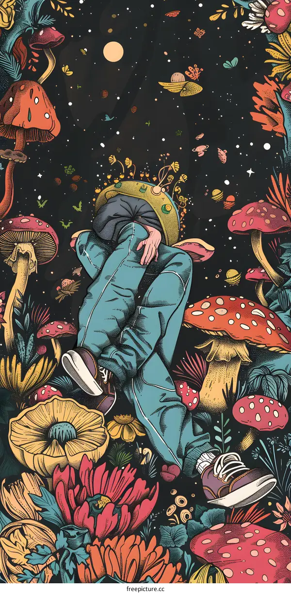 Surreal Illustration of Person Floating in Space with Mushrooms and Flowers
