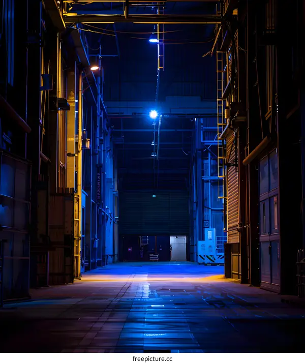 Dark Blue Illuminated Alleyway in Factory Setting