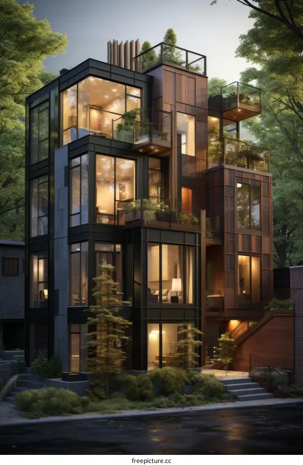Modern Three-Story House with Black Metal Frame and Large Windows