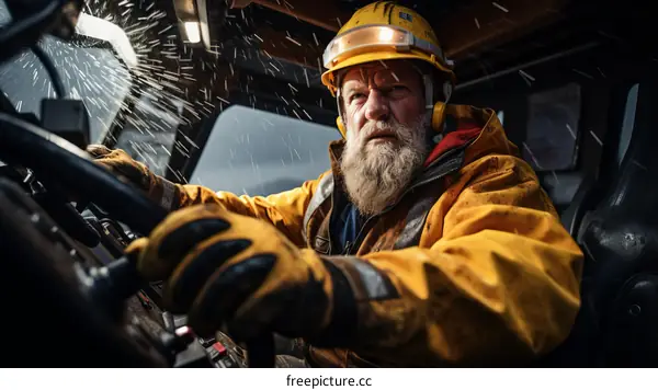Portrait of a male miner operating heavy machinery in a mine
