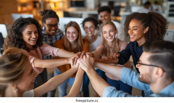 Multiethnic group of young business people joining hands together