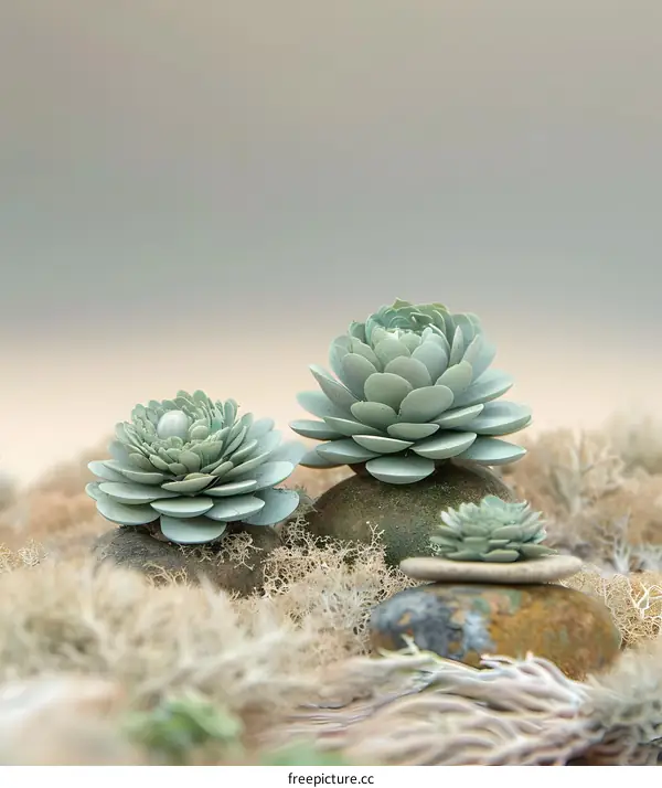 Succulents on Rocks with a Beige Background