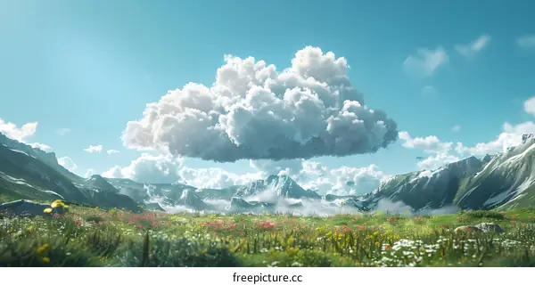 Field of flowers with a large cloud above the mountains