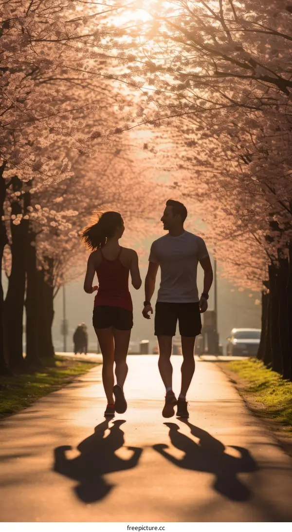 Couple jogging in the park at sunset