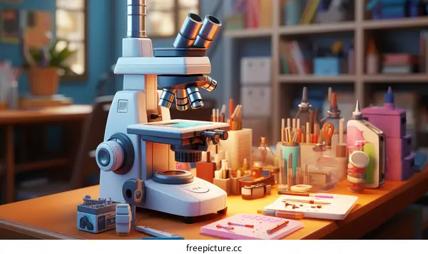 A microscope sits on a table in a classroom.