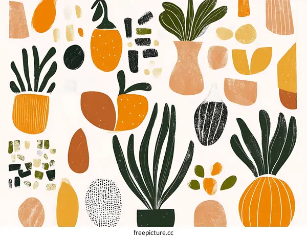 Abstract Art Print With Green Plants And Orange Fruits