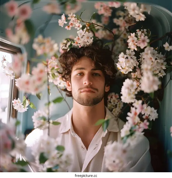 Young man with flowers in his hair