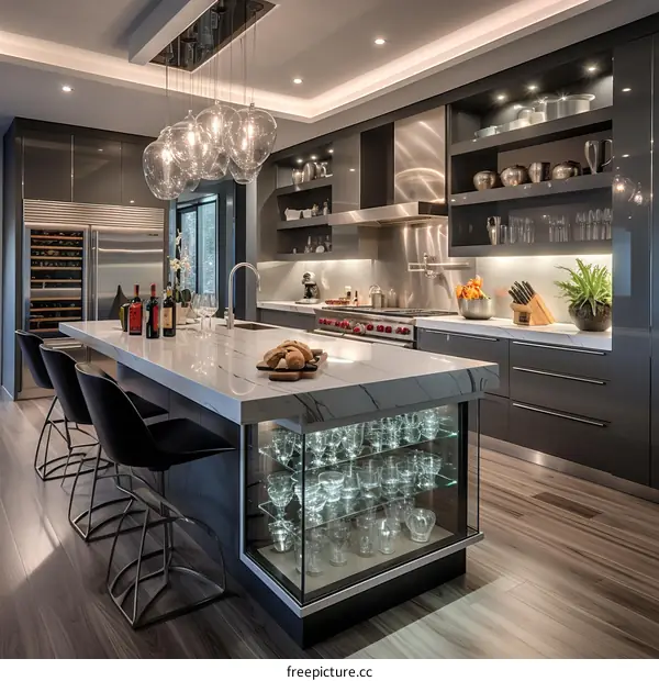 Modern kitchen design with large island and glass wine cabinet