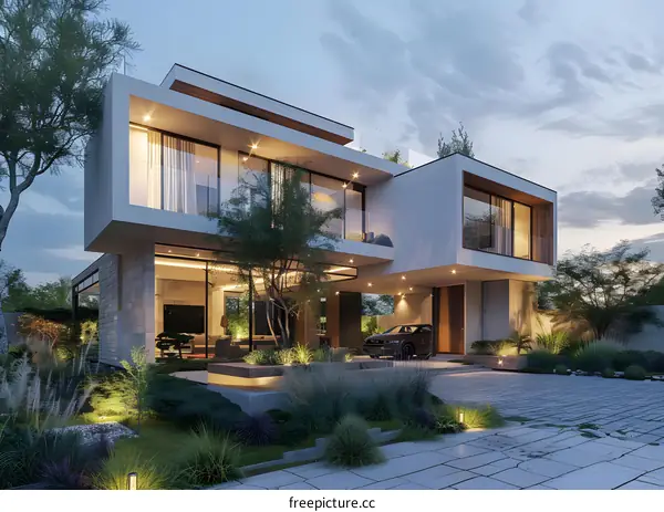 Modern Home Design with Large Windows and a Driveway