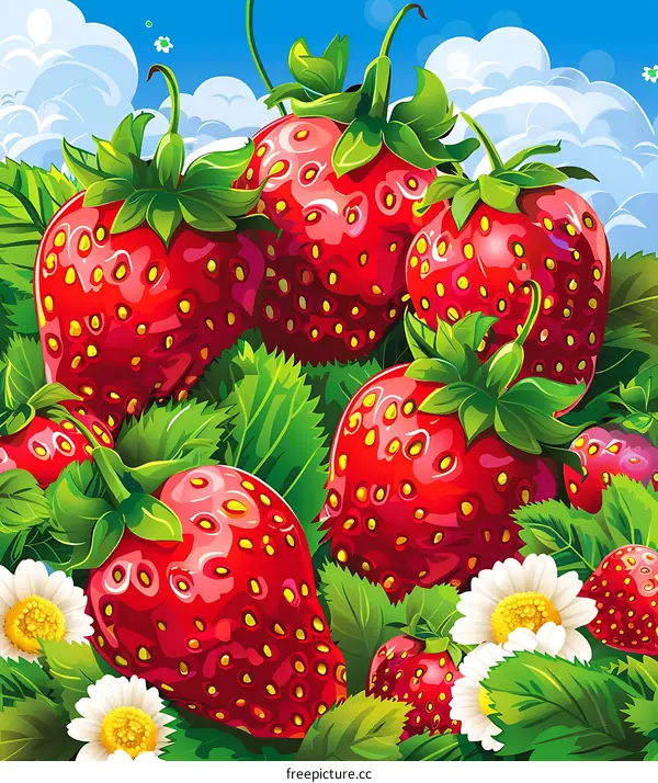 Red Ripe Strawberries in Green Leaves and Daisies Against a Blue Sky