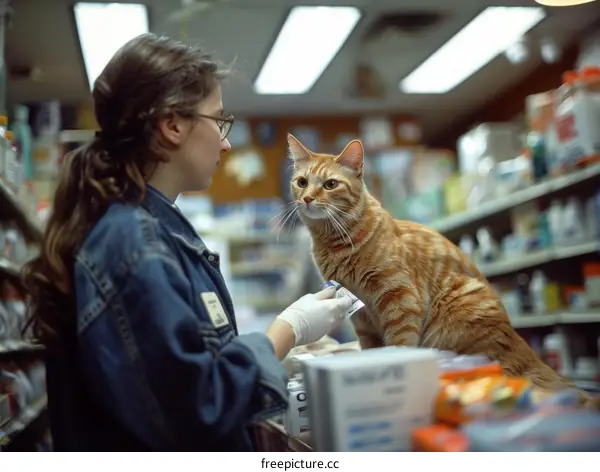 A woman wearing a blue denim jacket is petting an orange cat in a pet store.