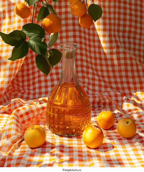 Orange and Apple Still Life on Checkered Tablecloth