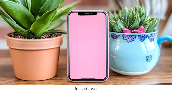 Pink Smartphone on Wooden Table with Green Plants