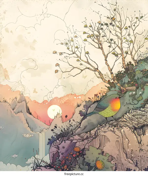 Watercolor Illustration of a Bird on a Cliff with a Mountain Range and Sunset in the Background