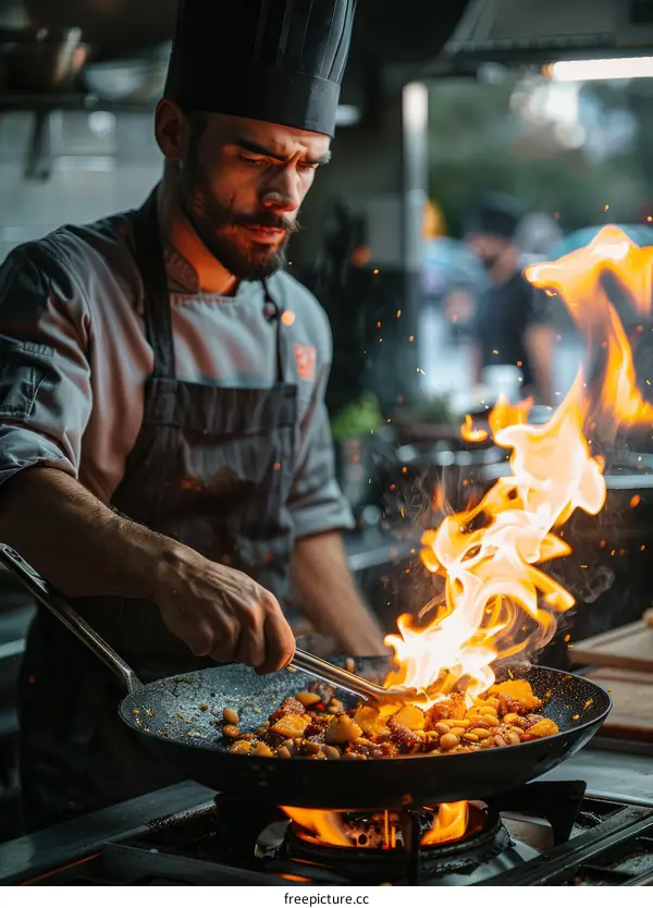 Chef cooking with fire in a pan