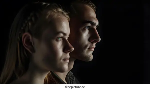 Couple Portrait Looking Away in Black and White