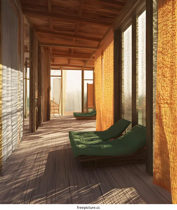 Wooden Lounger Chairs In A Relaxing Spa Room