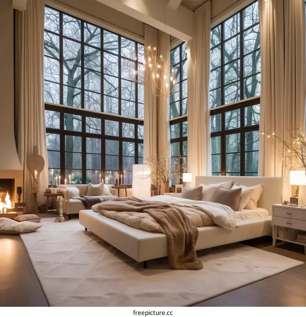 Modern Bedroom with Floor-to-Ceiling Windows and Fireplace
