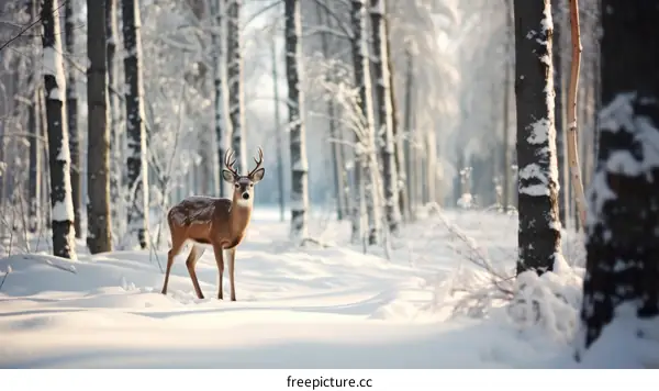 A Solitary Deer Stands in a Snowy Forest