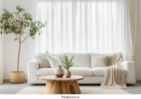 Bright and Airy Living Room with White Sofa and Tree