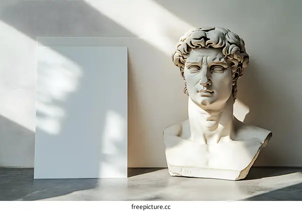 White Paper Mockup with Sculpture Bust in Sunlight