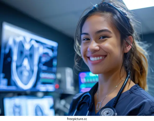 A smiling female doctor or nurse wearing a stethoscope around her neck