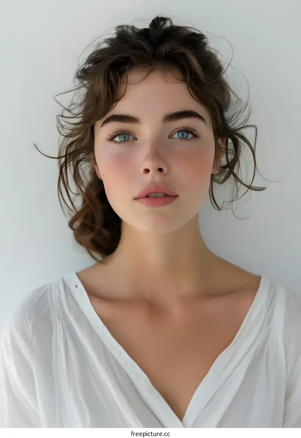 portrait of a young woman with freckles and blue eyes