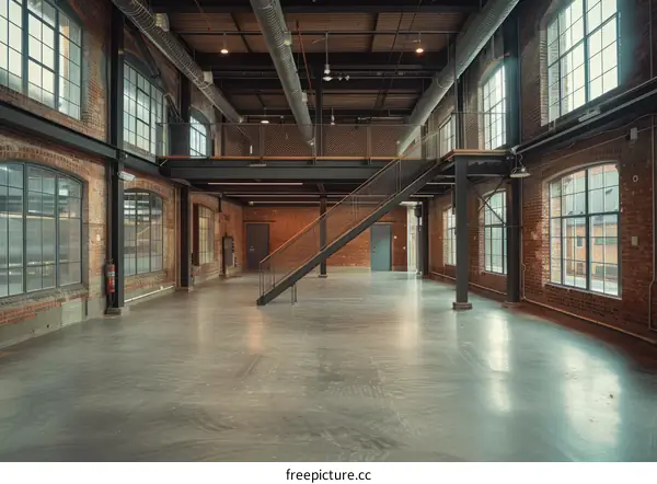 Renovated industrial space with brick walls and large windows