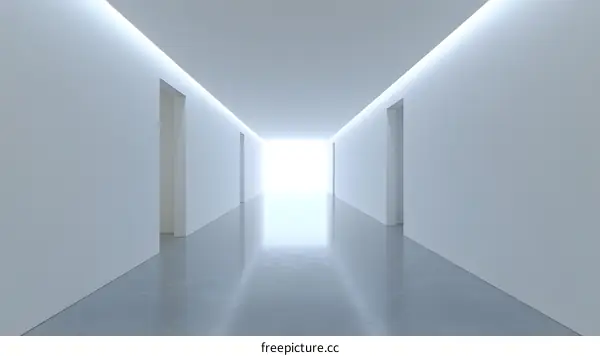 Minimalist White Hallway with Doors and Bright Light at the End