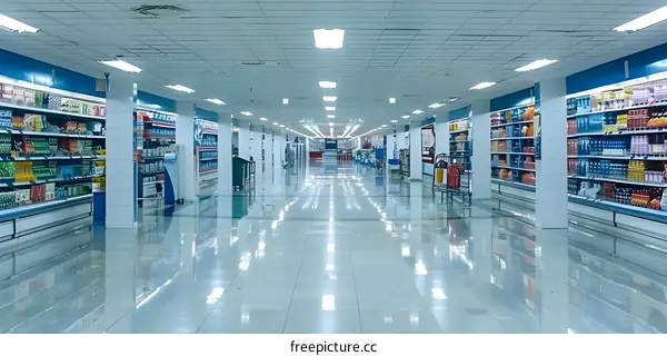 Empty Supermarket Aisle with Shelves of Products