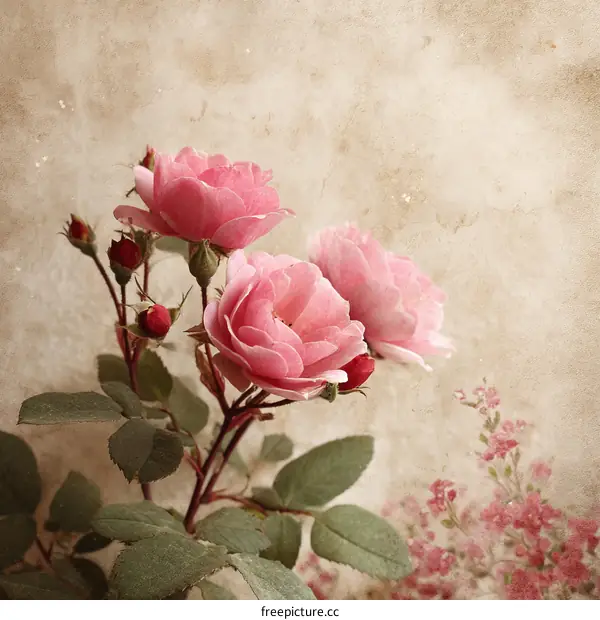Vintage Pink Roses on Aged Paper Background